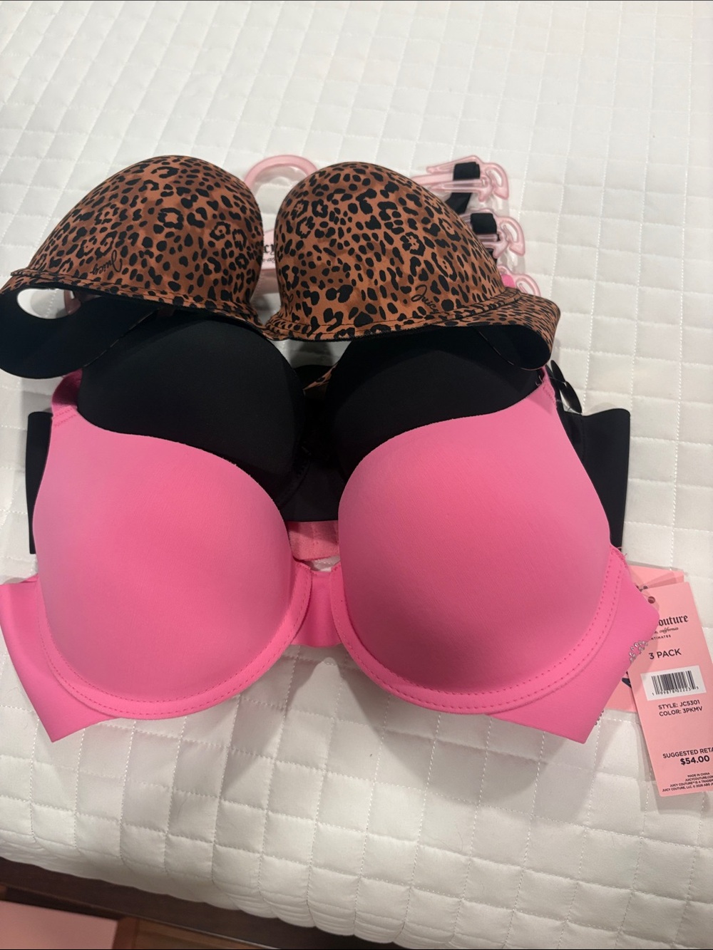 NWT Juicy Couture 3-Pack Bras โ Pink, Black & Leopard Push Up